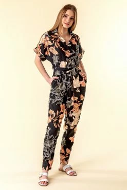 Roman Black Belted Floral Print Jumpsuit