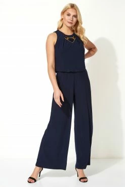Roman Navy Necklace Trim Jumpsuit