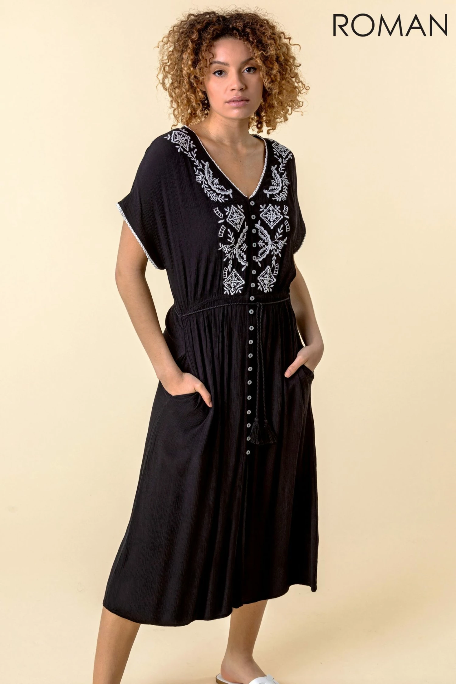 Roman Black Embroidered Button Through Midi Dress 3 Roman Black Embroidered Button Through Midi Dress