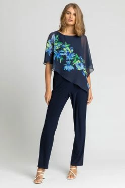 Roman Blue Floral Print Chiffon Cape Jumpsuit