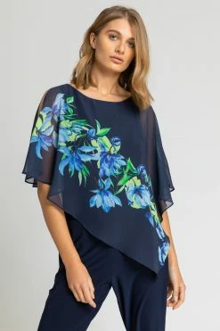 Roman Blue Floral Print Chiffon Cape Jumpsuit -Roman Sales Shop unnamed file 11317