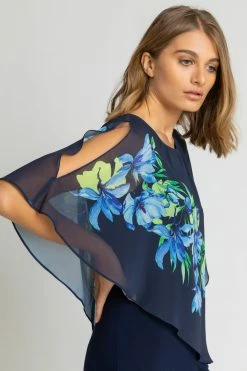 Roman Blue Floral Print Chiffon Cape Jumpsuit -Roman Sales Shop unnamed file 11318