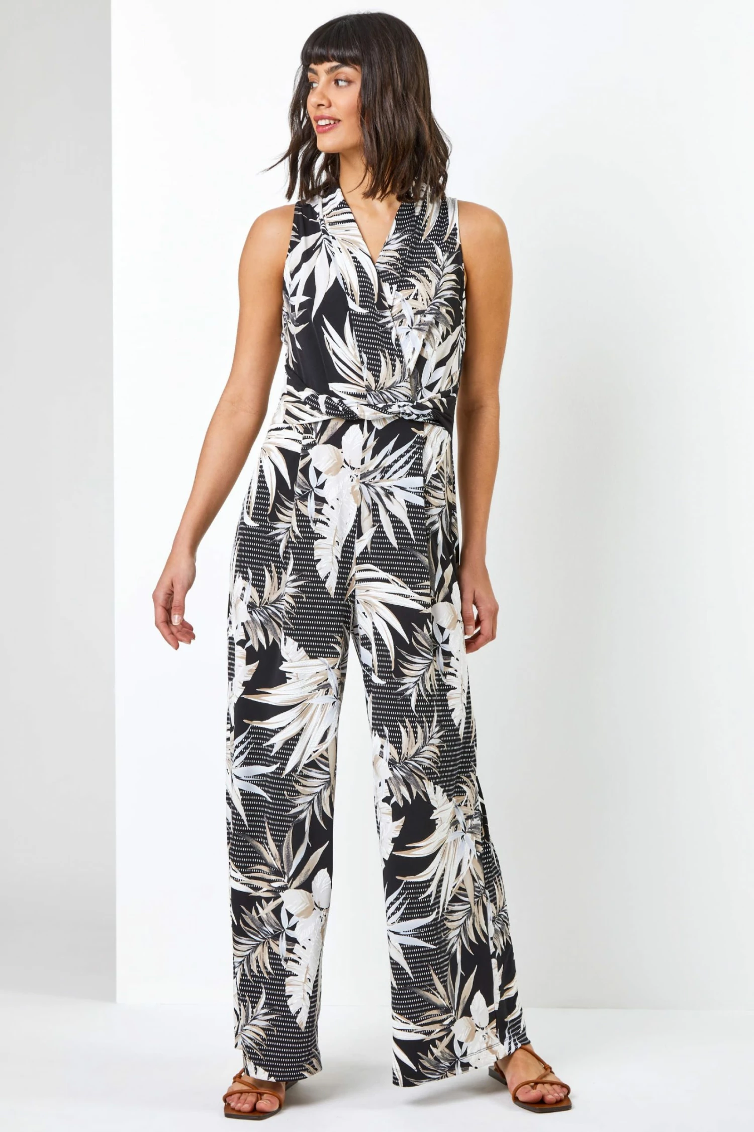 Roman Black & White Tropical Print Jumpsuit 5 Roman Black & White Tropical Print Jumpsuit - Image 3