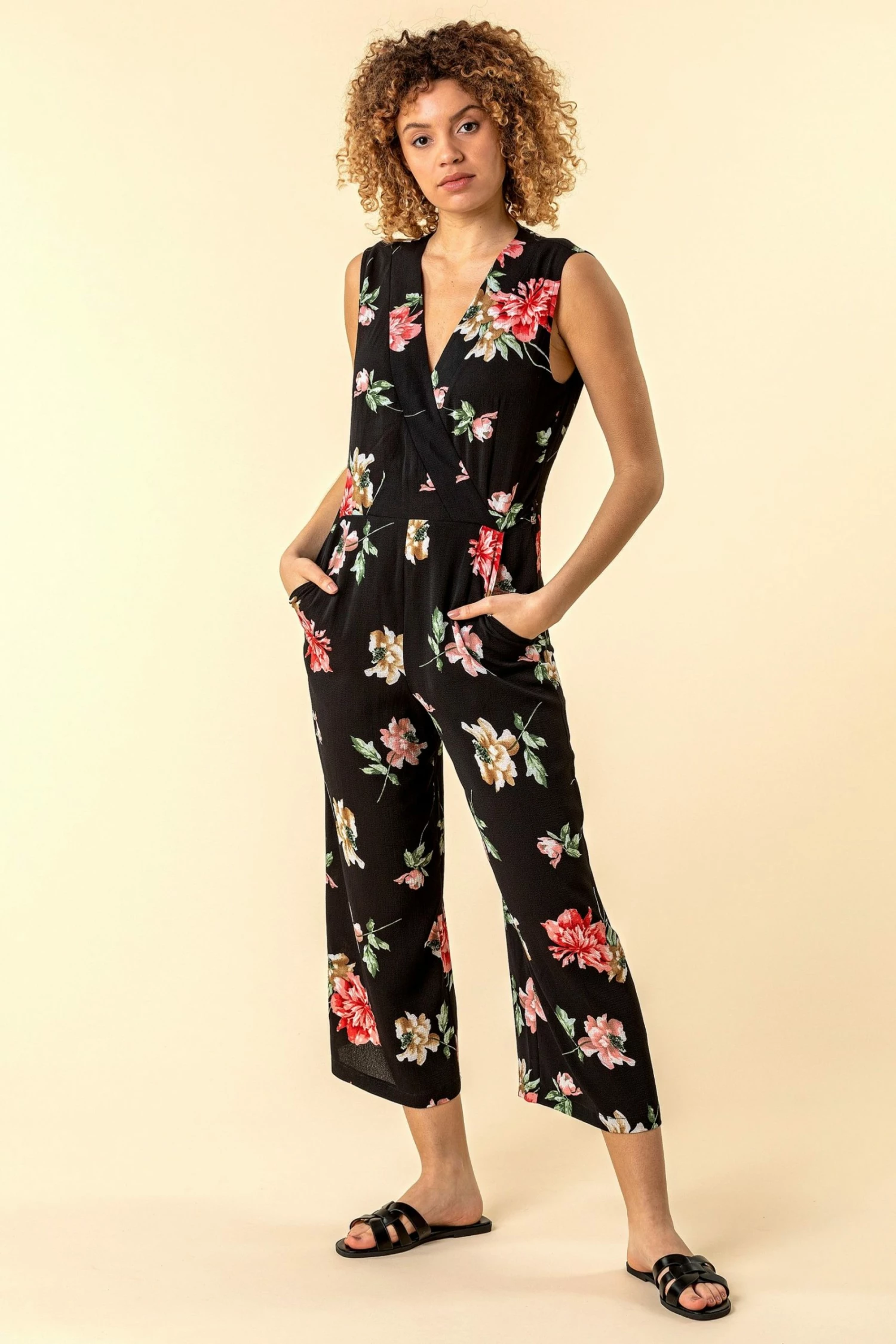 Roman Black Wrap Front Floral Print Jumpsuit 3 Roman Black Wrap Front Floral Print Jumpsuit