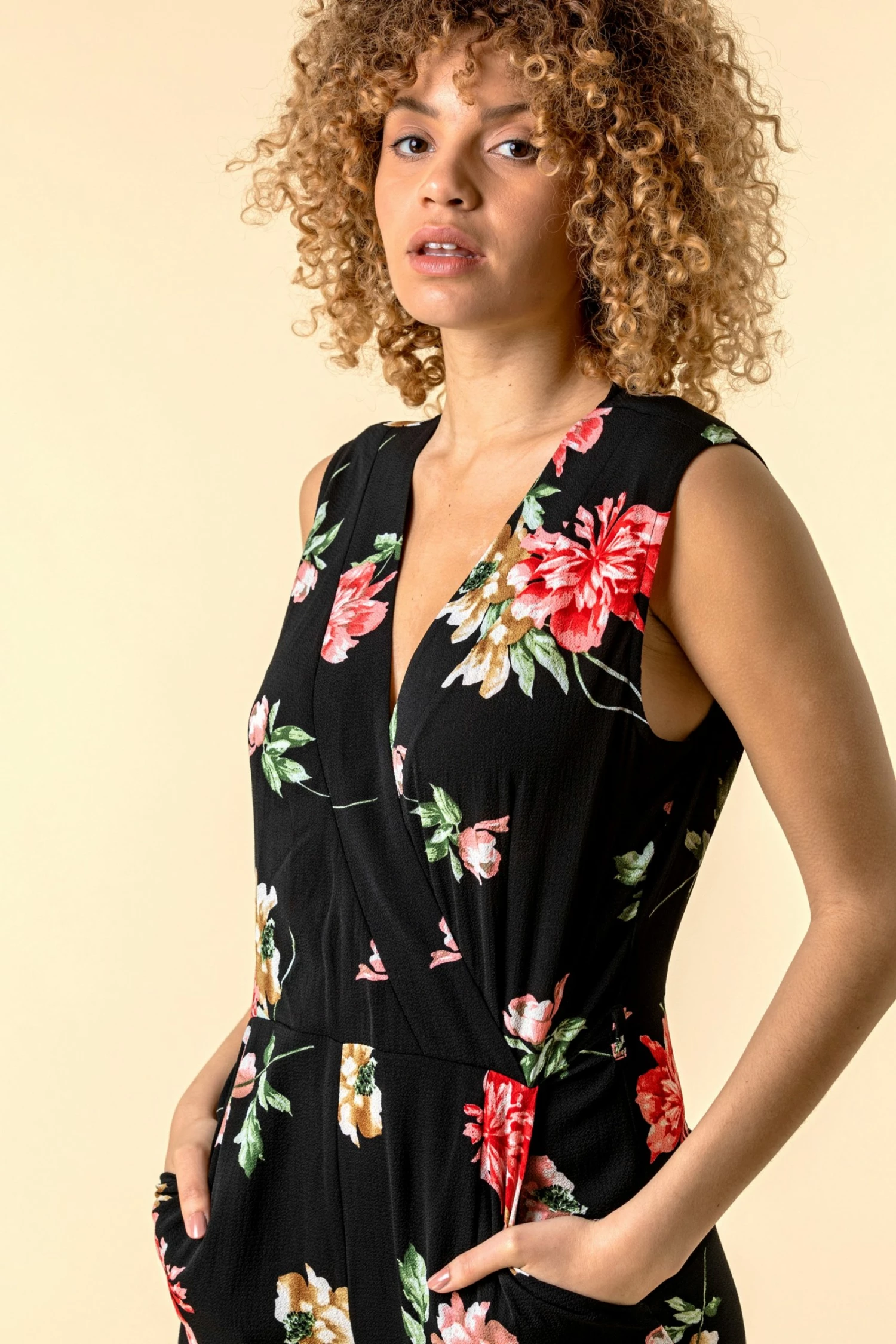 Roman Black Wrap Front Floral Print Jumpsuit 5 Roman Black Wrap Front Floral Print Jumpsuit - Image 3