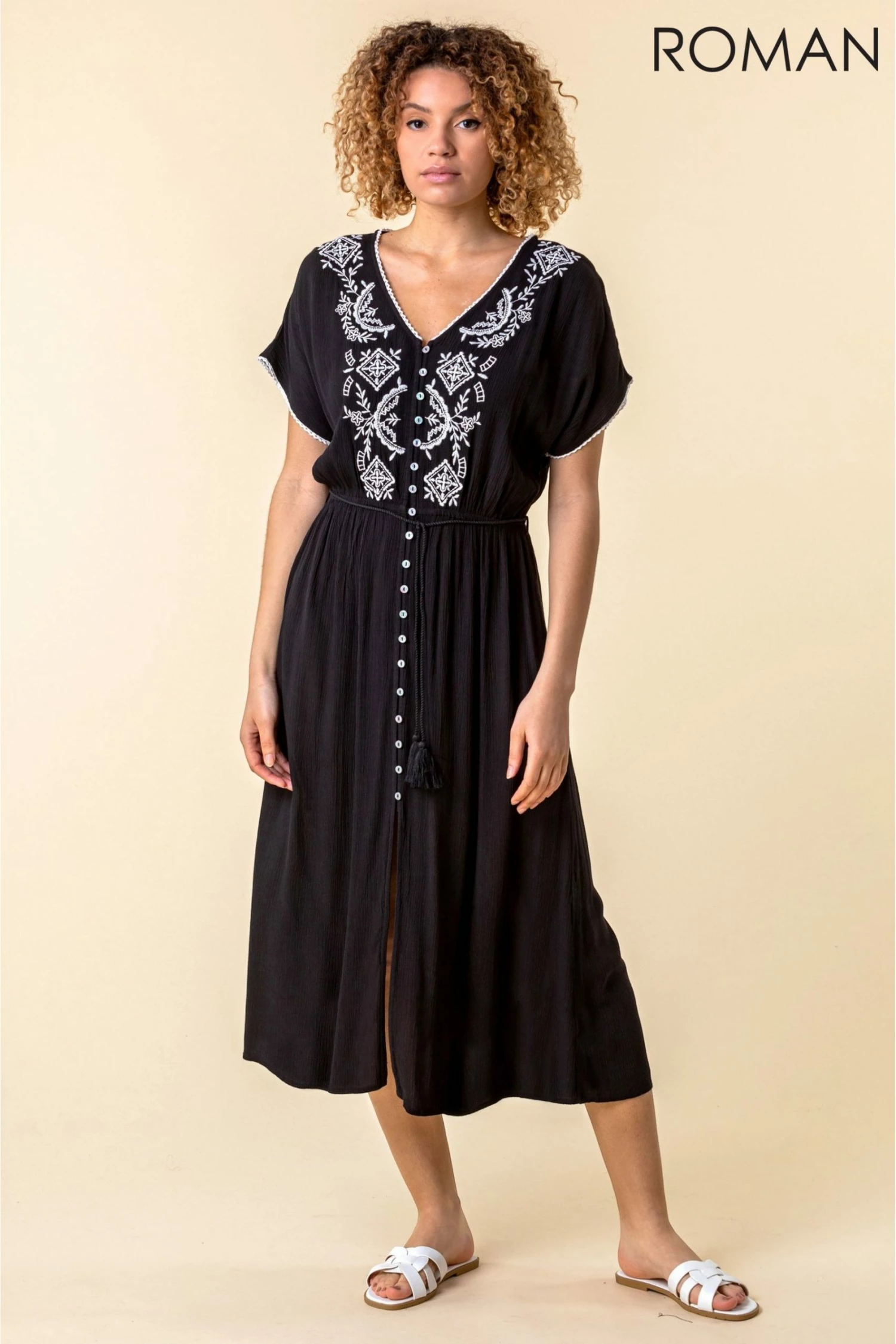Roman Black Embroidered Button Through Midi Dress 5 Roman Black Embroidered Button Through Midi Dress - Image 3