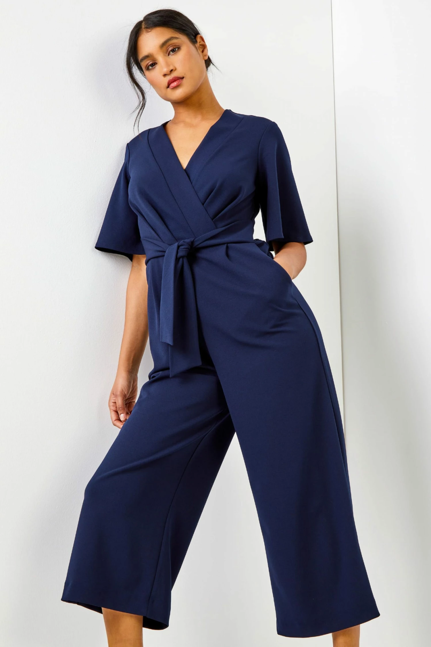 Roman Navy Blue Angel Sleeve Wrap Jumpsuit 3 Roman Navy Blue Angel Sleeve Wrap Jumpsuit
