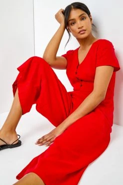 Roman Red Linen Wide Leg Jumpsuit