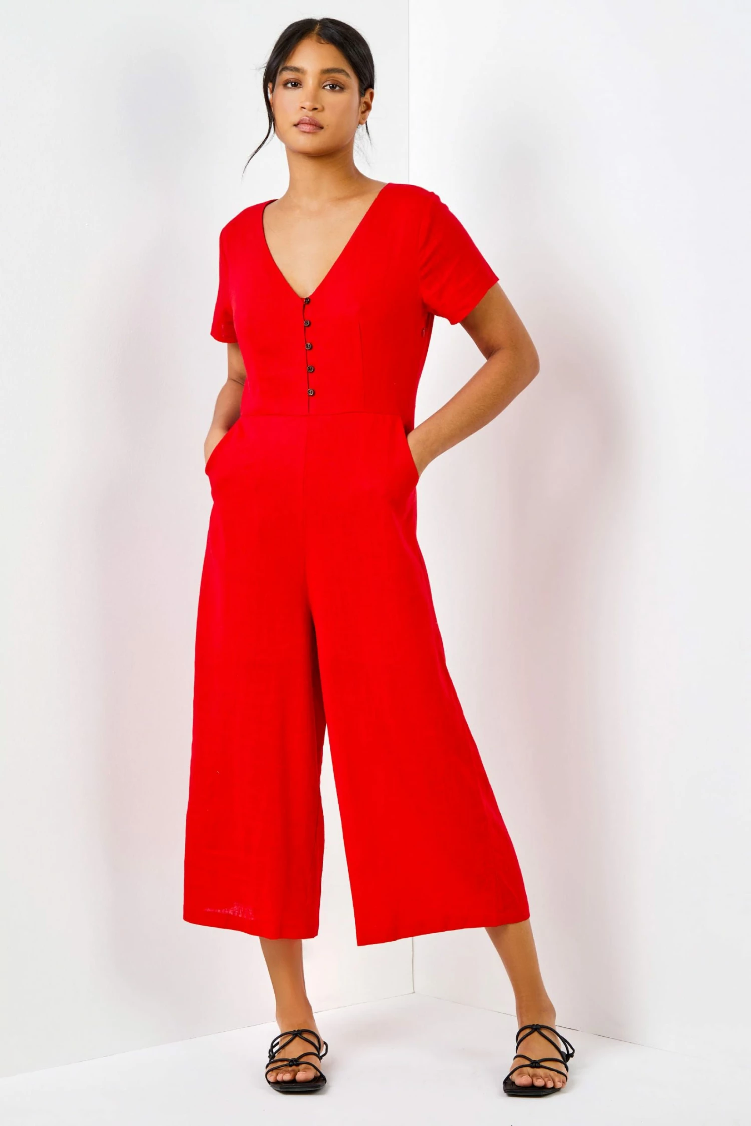 Roman Red Linen Wide Leg Jumpsuit 6 Roman Red Linen Wide Leg Jumpsuit - Image 4