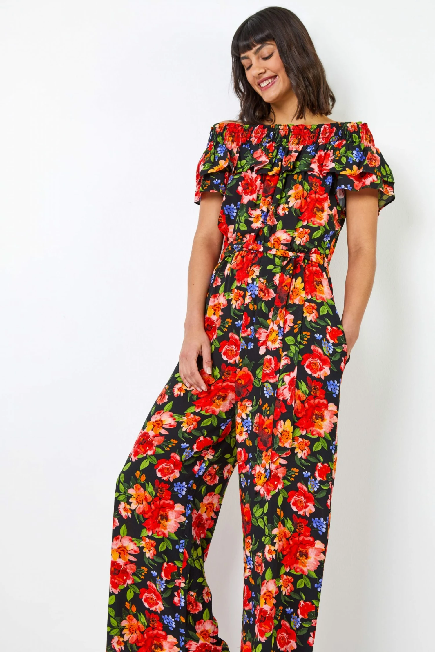 Roman Black Floral Print Frill Neck Jumpsuit 3 Roman Black Floral Print Frill Neck Jumpsuit