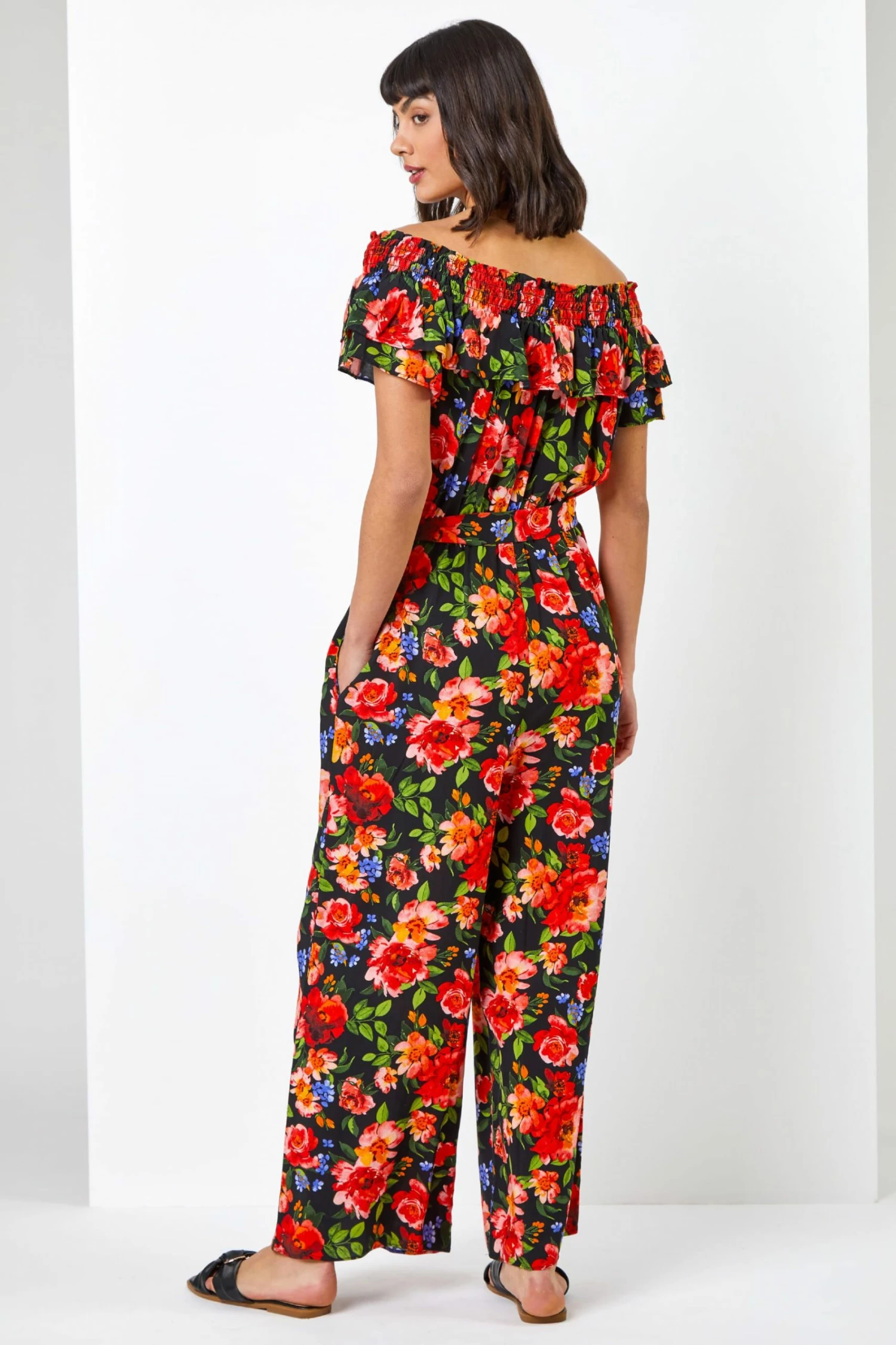 Roman Black Floral Print Frill Neck Jumpsuit 4 Roman Black Floral Print Frill Neck Jumpsuit - Image 2