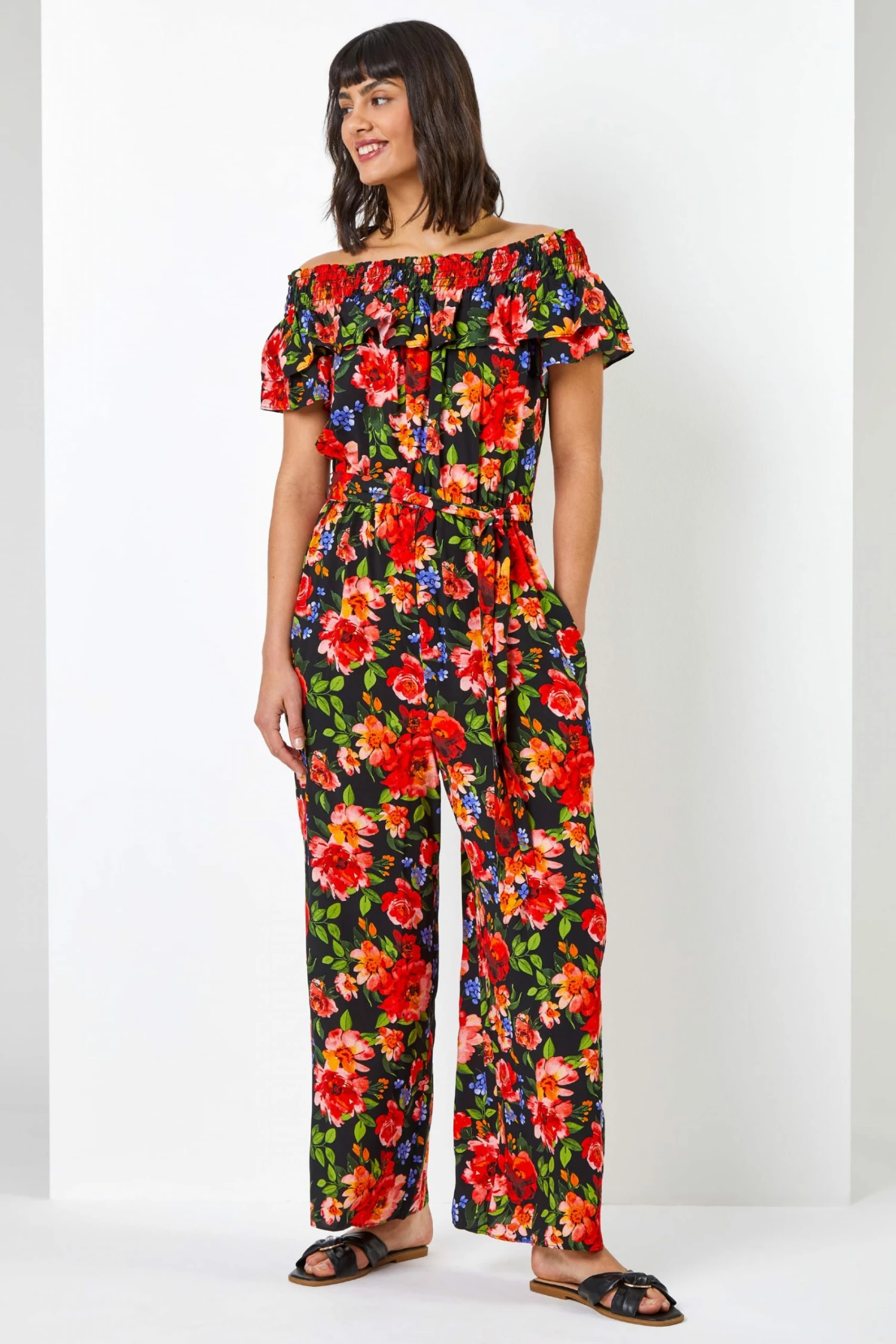 Roman Black Floral Print Frill Neck Jumpsuit 5 Roman Black Floral Print Frill Neck Jumpsuit - Image 3