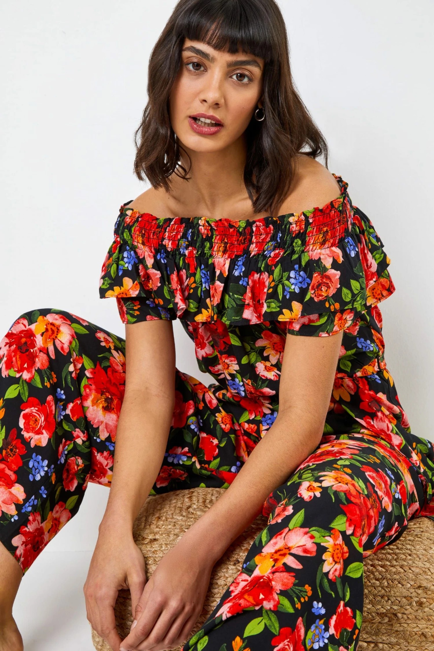 Roman Black Floral Print Frill Neck Jumpsuit 6 Roman Black Floral Print Frill Neck Jumpsuit - Image 4