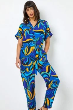 Roman Blue Abstract Print Collared Jumpsuit -Roman Sales Shop unnamed file 11350
