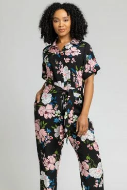 Roman Black Petite Belted Floral Print Jumpsuit