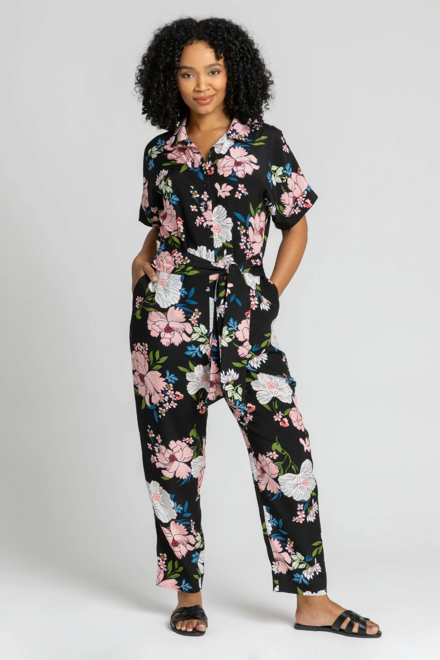 Roman Black Petite Belted Floral Print Jumpsuit 5 Roman Black Petite Belted Floral Print Jumpsuit - Image 3