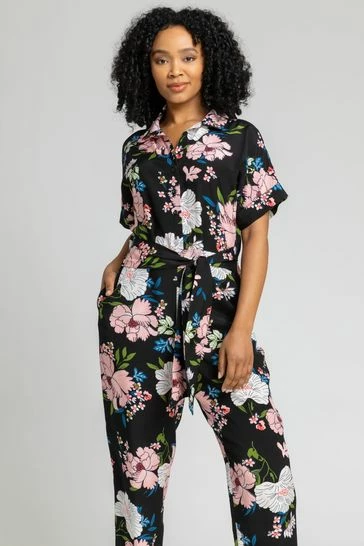 Roman Black Petite Belted Floral Print Jumpsuit 7 Roman Black Petite Belted Floral Print Jumpsuit - Image 5