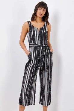 Roman Black Spot Stripe Print Cropped Leg Jumpsuit