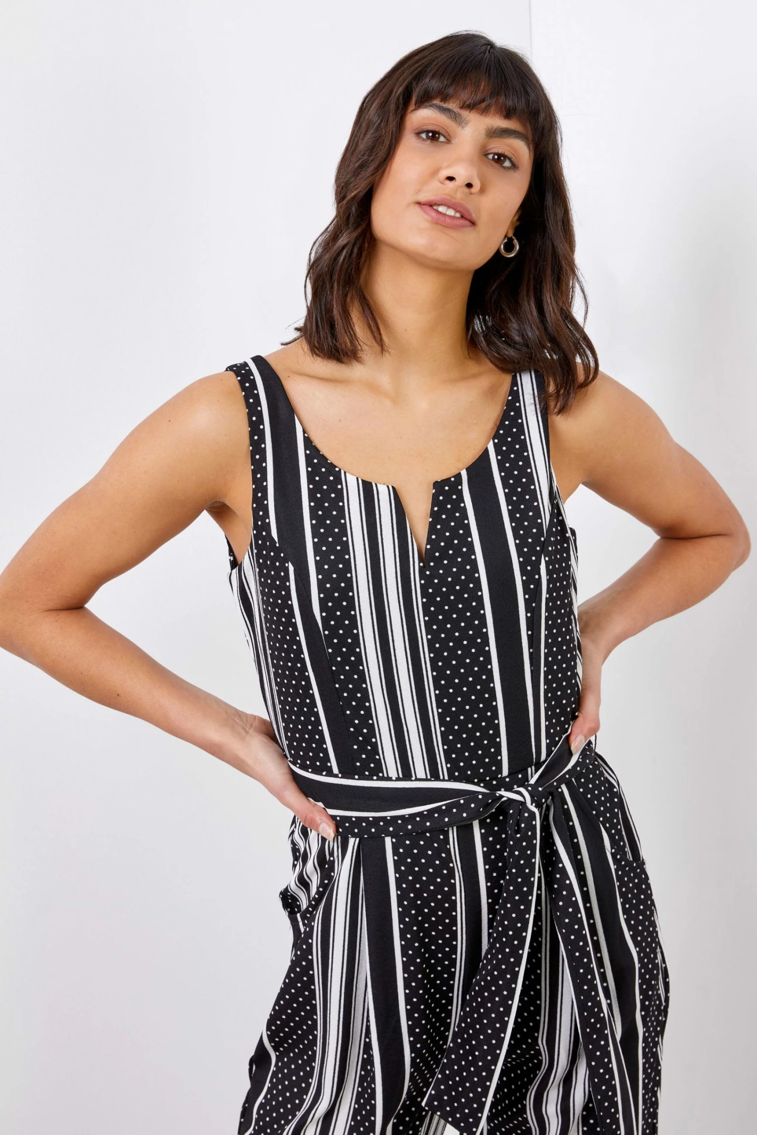 Roman Black Spot Stripe Print Cropped Leg Jumpsuit 6 Roman Black Spot Stripe Print Cropped Leg Jumpsuit - Image 4