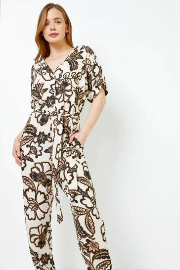 Roman Brown Petite Belted Floral Print Jumpsuit 7 Roman Brown Petite Belted Floral Print Jumpsuit - Image 5