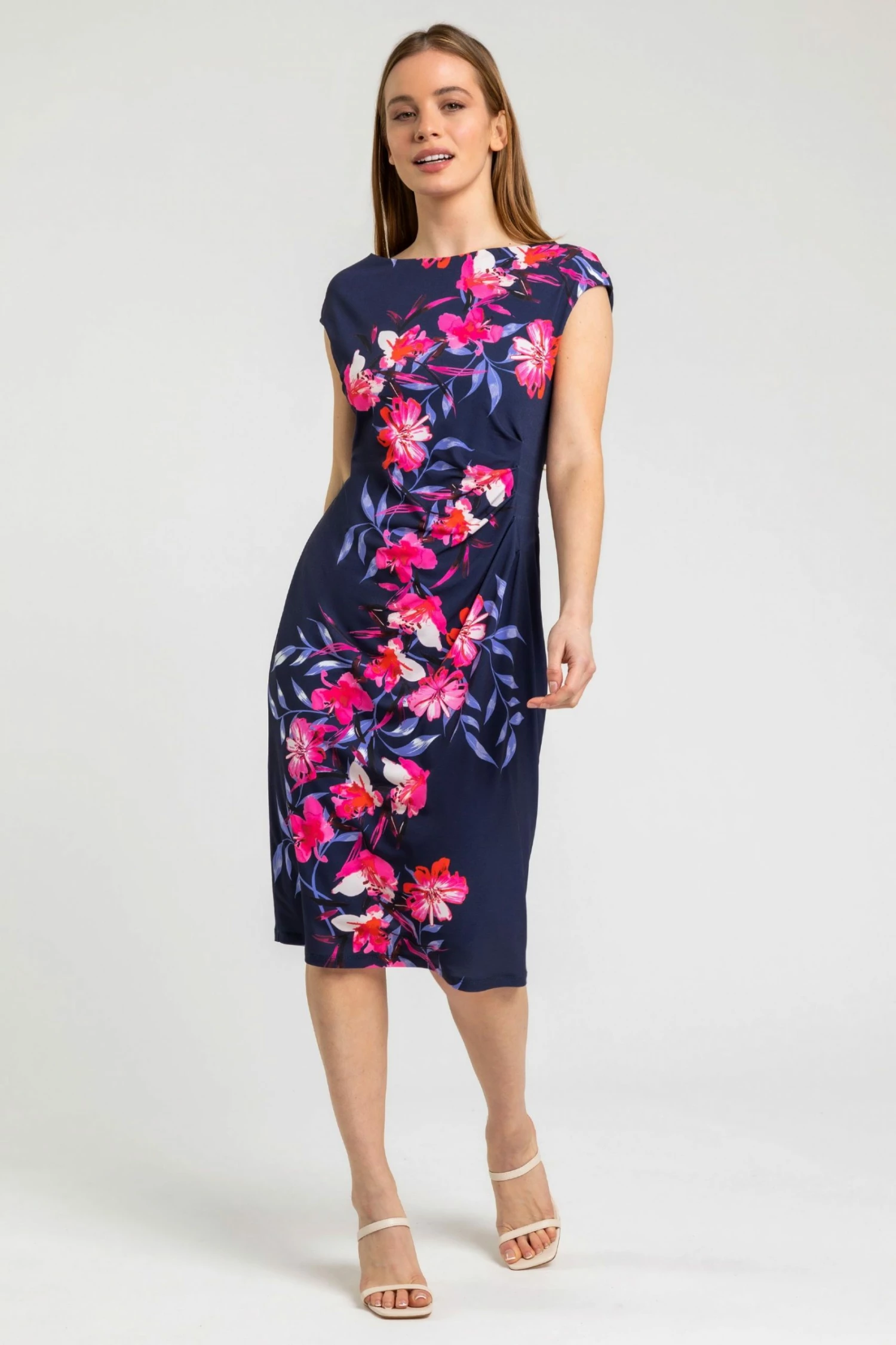Roman Blue Petite Floral Ruched Waist Dress 5 Roman Blue Petite Floral Ruched Waist Dress - Image 3
