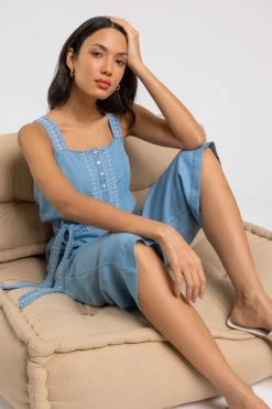 Roman Blue Embroidered Wide Leg Jumpsuit