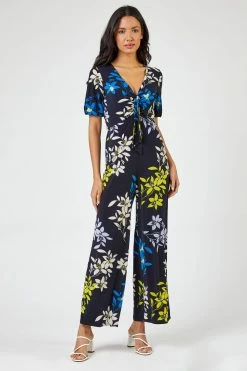 Roman Navy Blue Bold Floral Print Twist Neck Jumpsuit -Roman Sales Shop unnamed file 11405