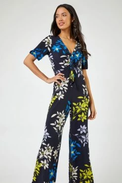 Roman Navy Blue Bold Floral Print Twist Neck Jumpsuit -Roman Sales Shop unnamed file 11408
