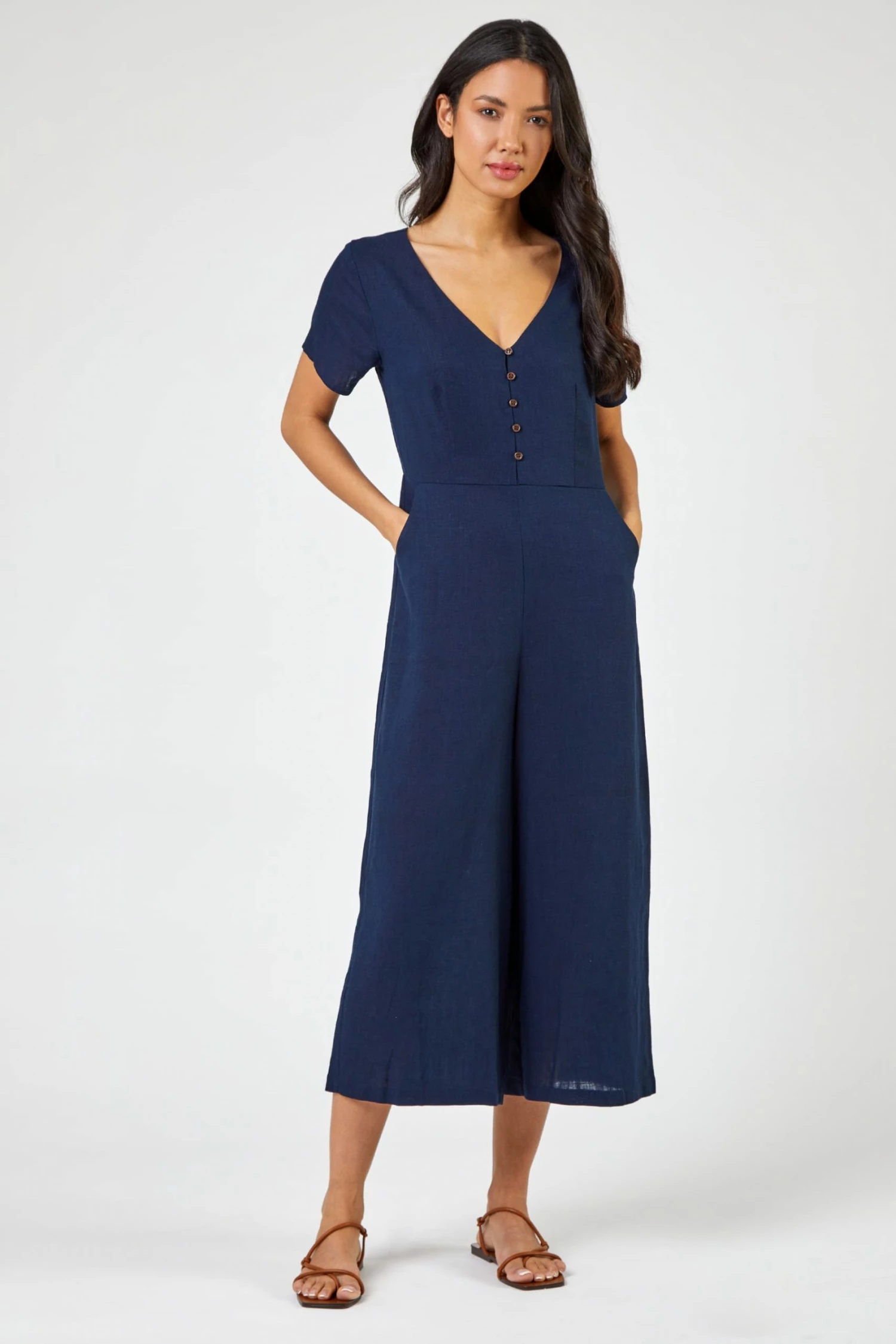 Roman Navy Blue Linen Wide Leg Jumpsuit 5 Roman Navy Blue Linen Wide Leg Jumpsuit - Image 3