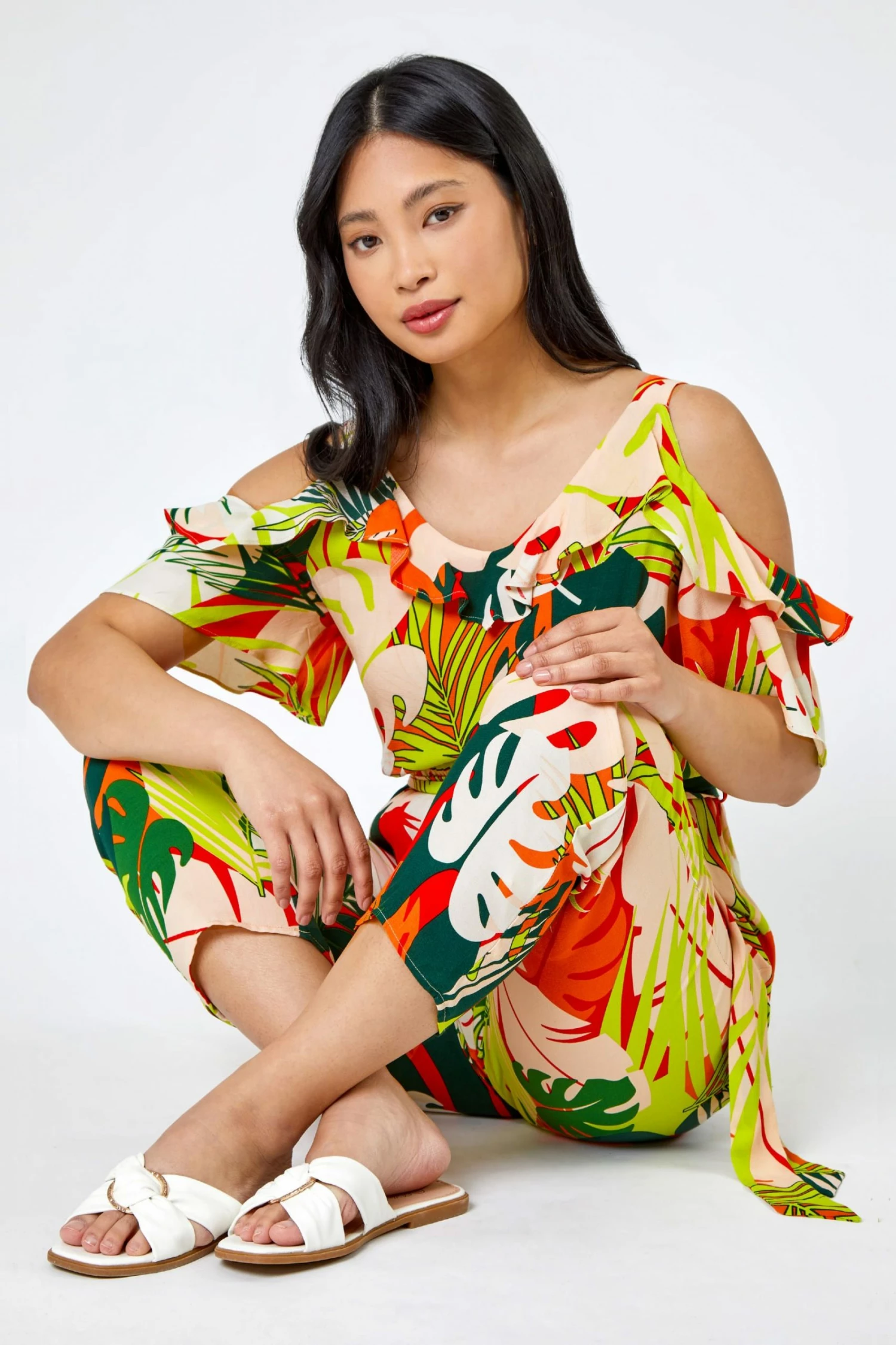 Roman Yellow & Green Petite Tropical Print Frill Jumpsuit 3 Roman Yellow & Green Petite Tropical Print Frill Jumpsuit