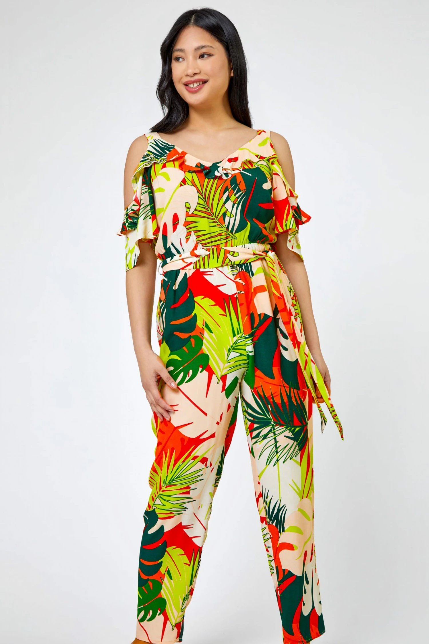 Roman Yellow & Green Petite Tropical Print Frill Jumpsuit 4 Roman Yellow & Green Petite Tropical Print Frill Jumpsuit - Image 2