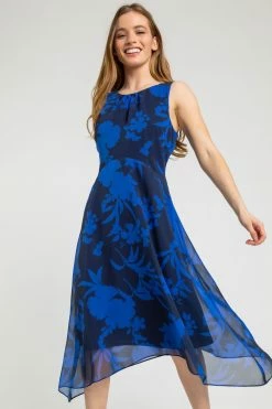 Roman Blue Petite Floral Print Chiffon Dress