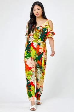 Roman Yellow & Green Petite Tropical Print Frill Jumpsuit 10 Roman Yellow & Green Petite Tropical Print Frill Jumpsuit -Roman Sales Shop unnamed file 11461