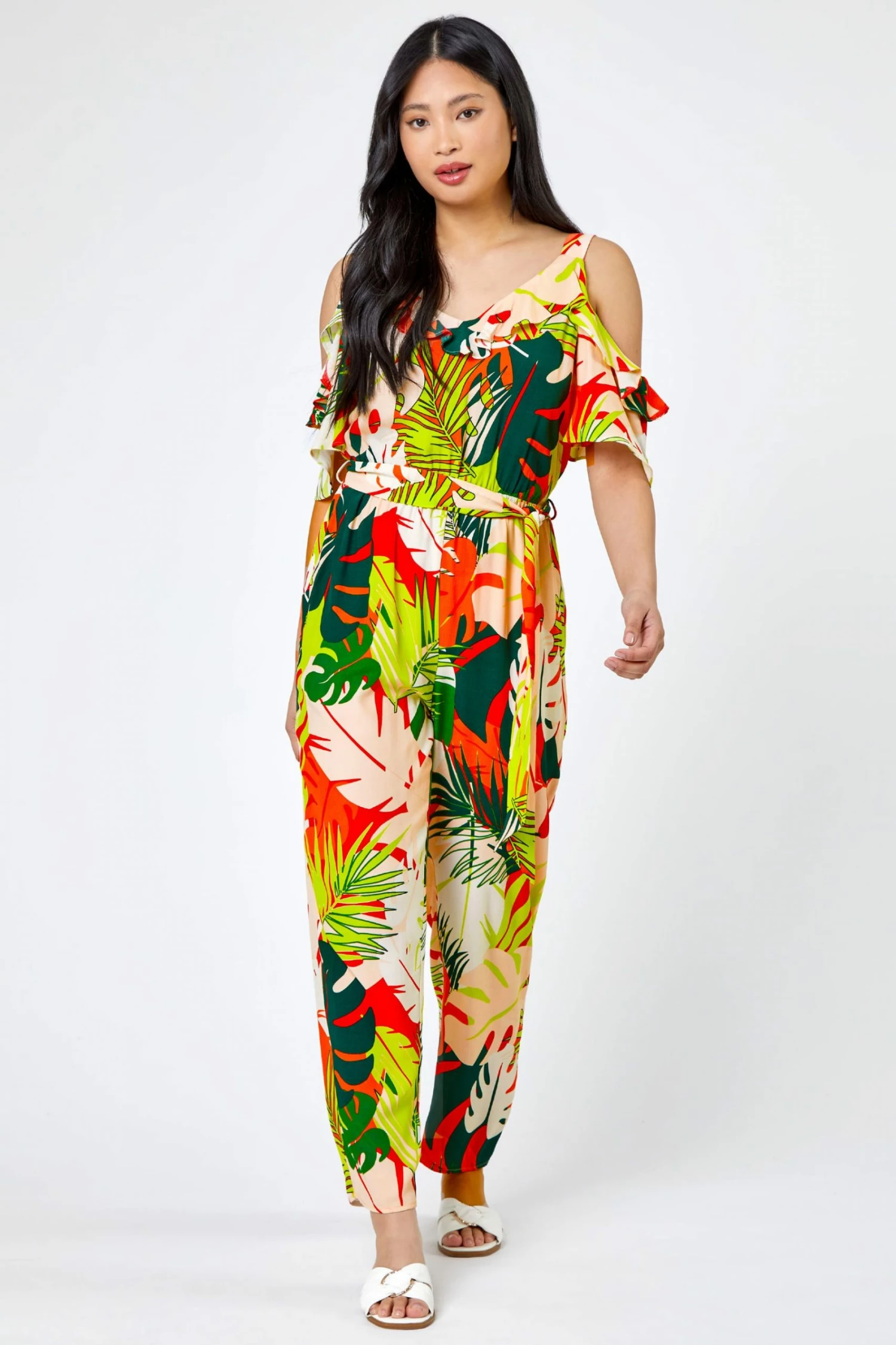 Roman Yellow & Green Petite Tropical Print Frill Jumpsuit 6 Roman Yellow & Green Petite Tropical Print Frill Jumpsuit - Image 4