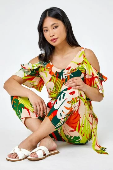 Roman Yellow & Green Petite Tropical Print Frill Jumpsuit 7 Roman Yellow & Green Petite Tropical Print Frill Jumpsuit - Image 5