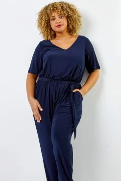 Roman Blue Curve Tie Waist Jersey Jumpsuit -Roman Sales Shop unnamed file 11472