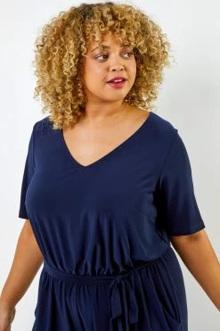 Roman Blue Curve Tie Waist Jersey Jumpsuit -Roman Sales Shop unnamed file 11473