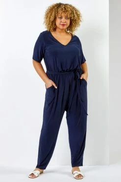 Roman Blue Curve Tie Waist Jersey Jumpsuit -Roman Sales Shop unnamed file 11474