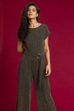 Roman Gold Wide Leg Belted Shimmer Jumpsuit