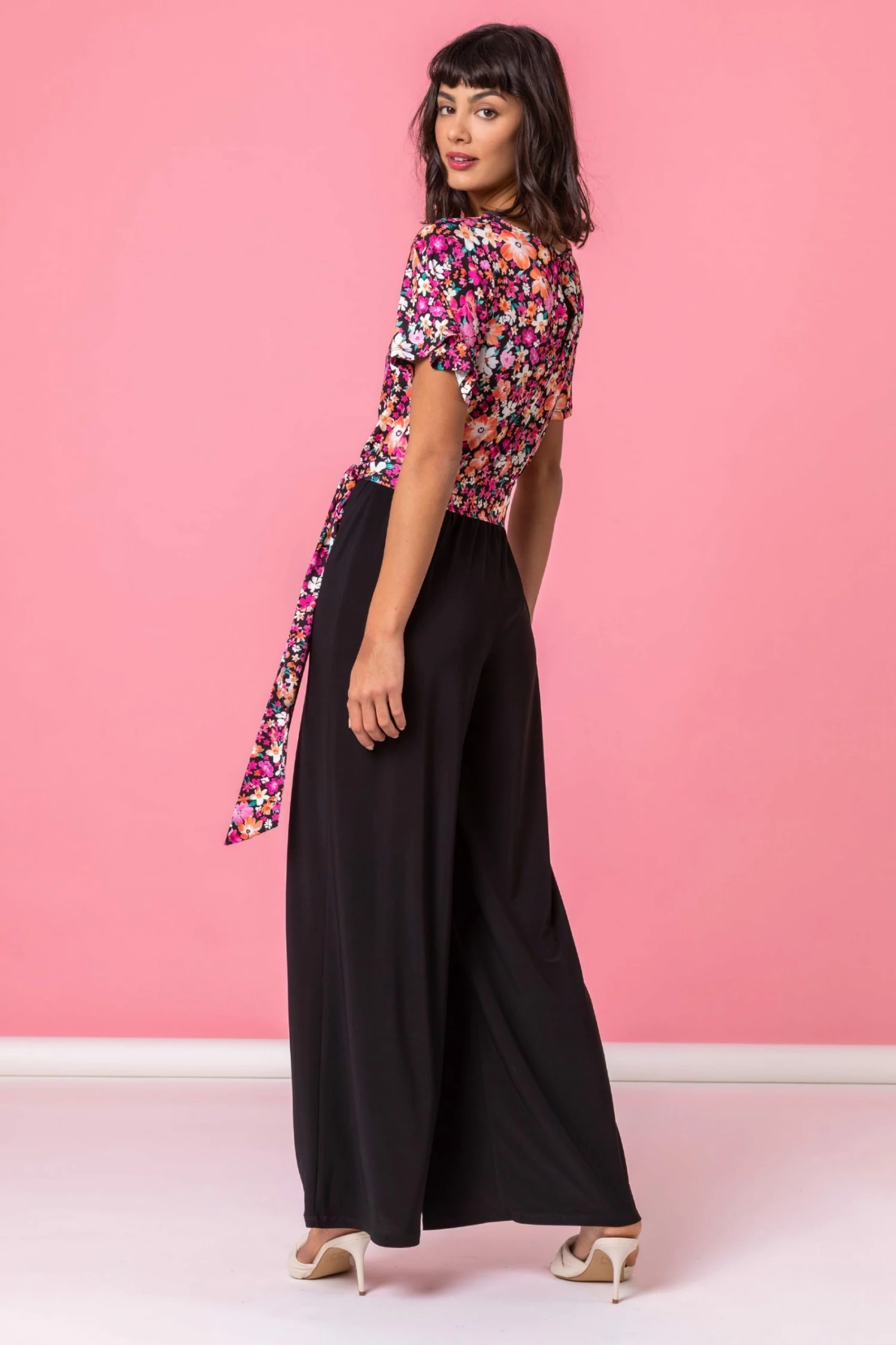 Roman Black Ditsy Floral Print Tie Detail Jumpsuit 4 Roman Black Ditsy Floral Print Tie Detail Jumpsuit - Image 2