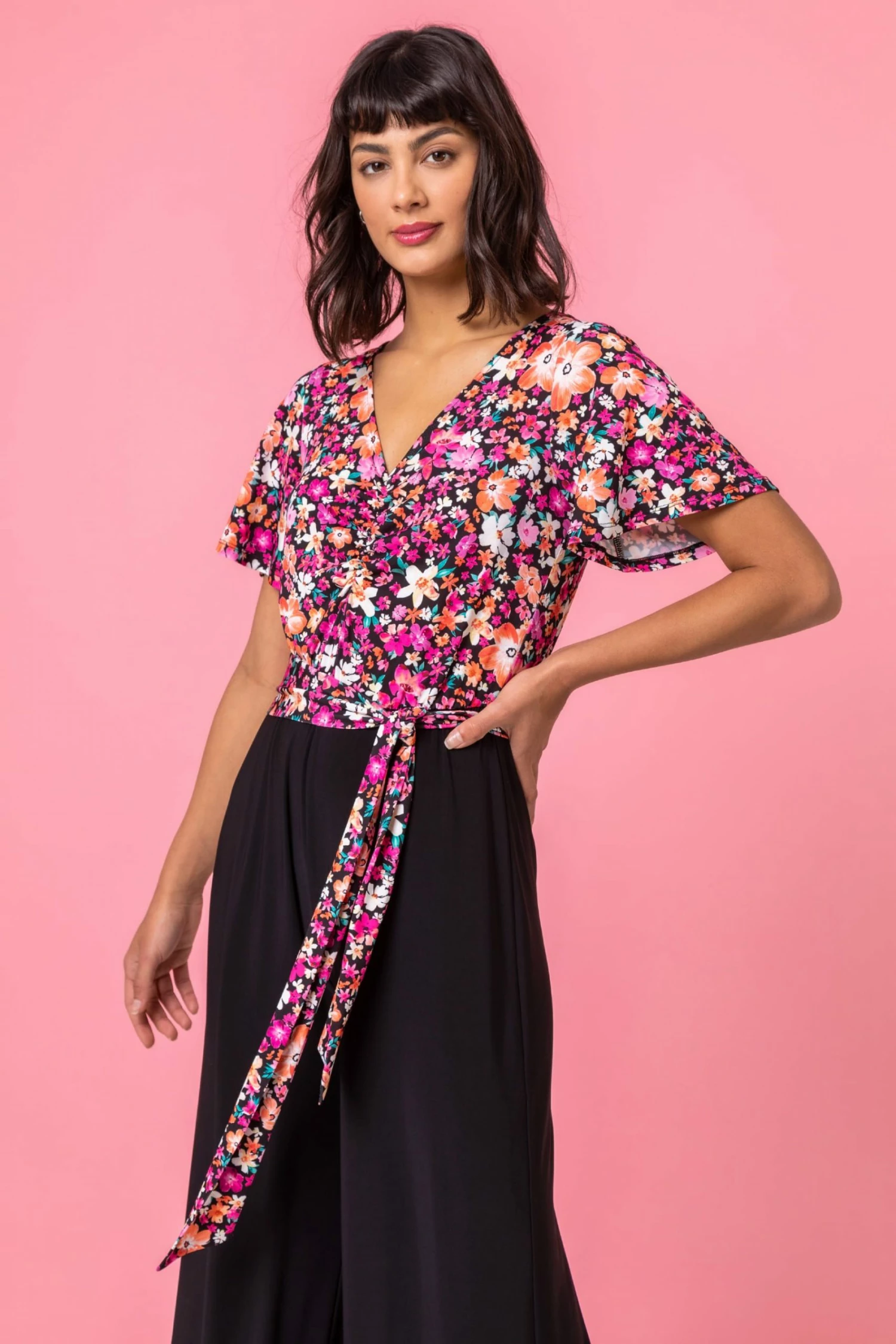 Roman Black Ditsy Floral Print Tie Detail Jumpsuit 5 Roman Black Ditsy Floral Print Tie Detail Jumpsuit - Image 3