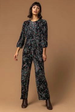 Roman Black Floral Print Belt Detail Jumpsuit