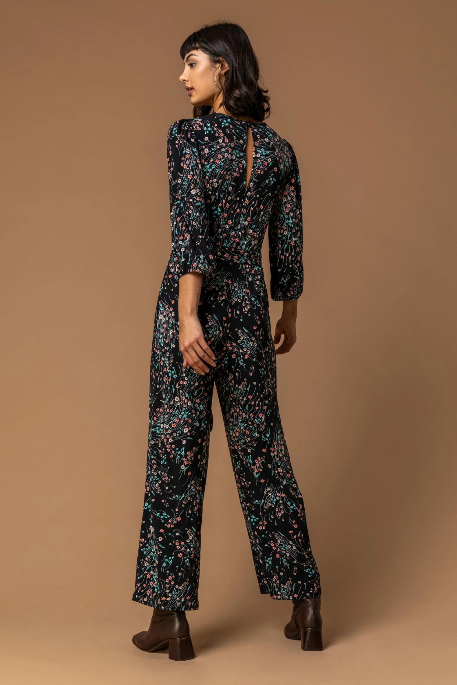 Roman Black Floral Print Belt Detail Jumpsuit 4 Roman Black Floral Print Belt Detail Jumpsuit - Image 2