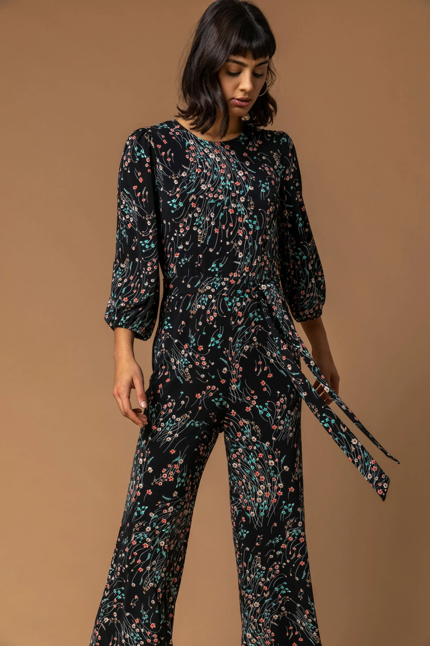 Roman Black Floral Print Belt Detail Jumpsuit 5 Roman Black Floral Print Belt Detail Jumpsuit - Image 3