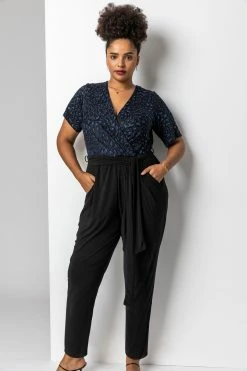 Roman Blue Curve Glitter Animal Print Wrap Jumpsuit