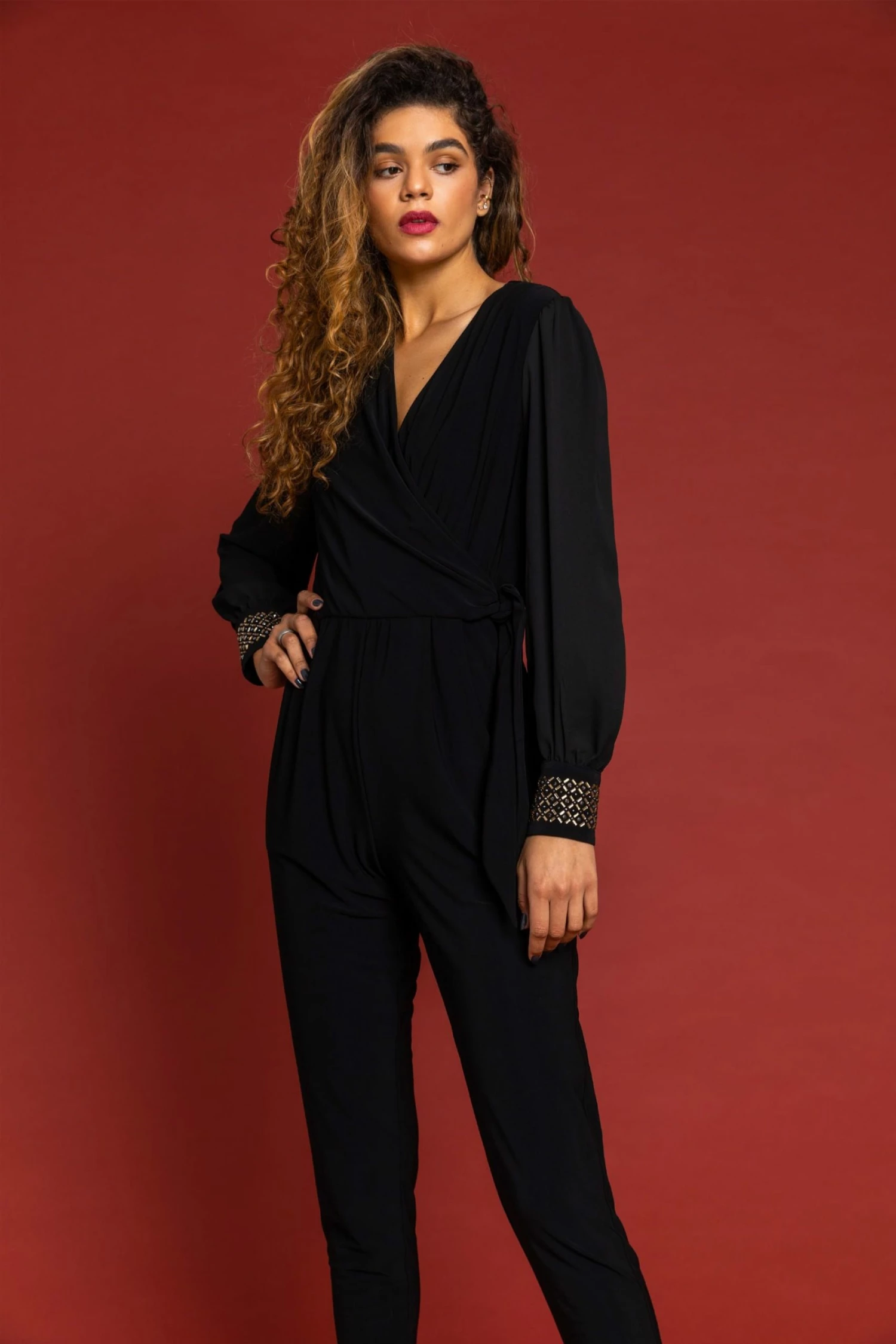 Roman Black Sparkle Embellished Cuff Wrap Jumpsuit 3 Roman Black Sparkle Embellished Cuff Wrap Jumpsuit