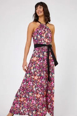 Roman Pink Ditsy Floral Halter Neck Maxi Dress