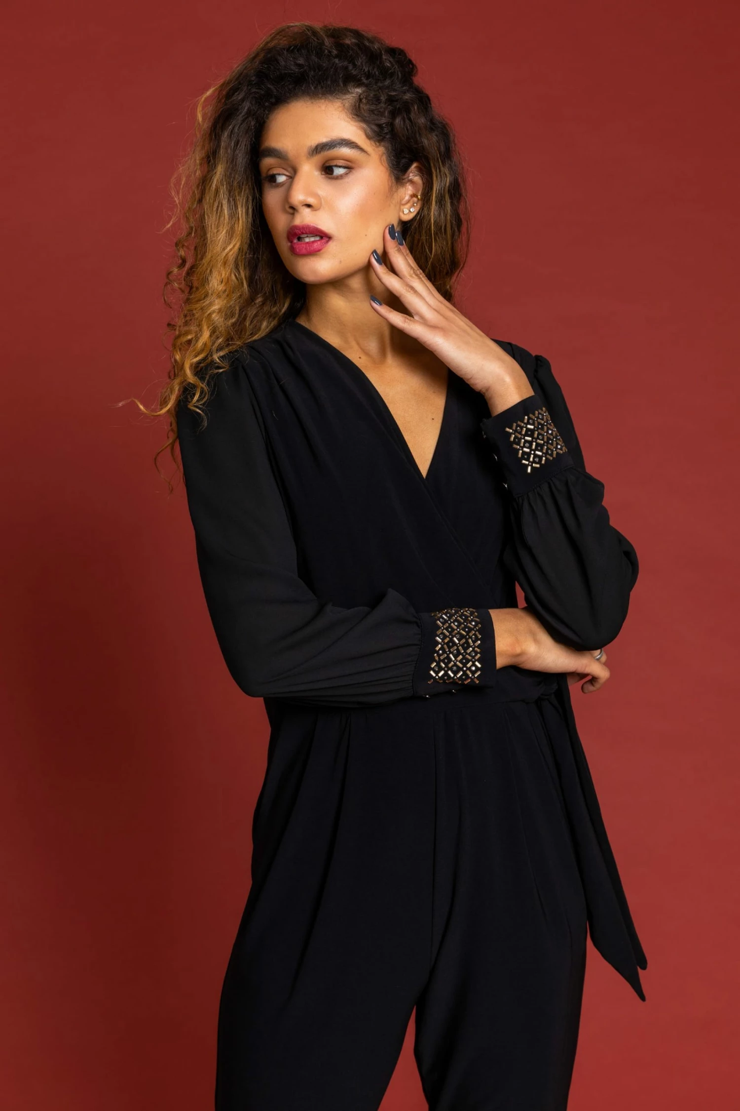 Roman Black Sparkle Embellished Cuff Wrap Jumpsuit 6 Roman Black Sparkle Embellished Cuff Wrap Jumpsuit - Image 4