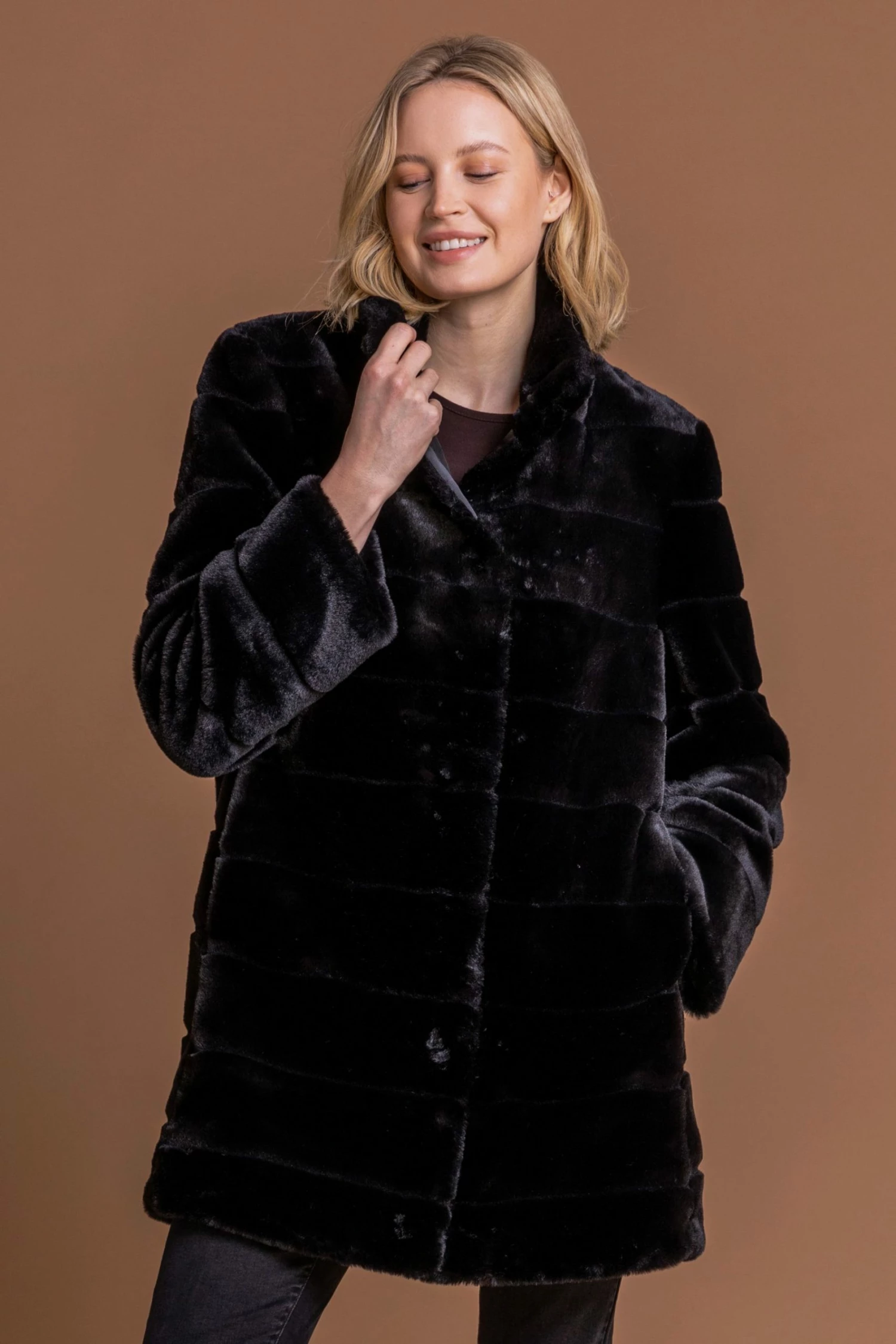 Roman Black Faux Fur Embossed High Neck Coat 2 Roman Black Faux Fur Embossed High Neck Coat