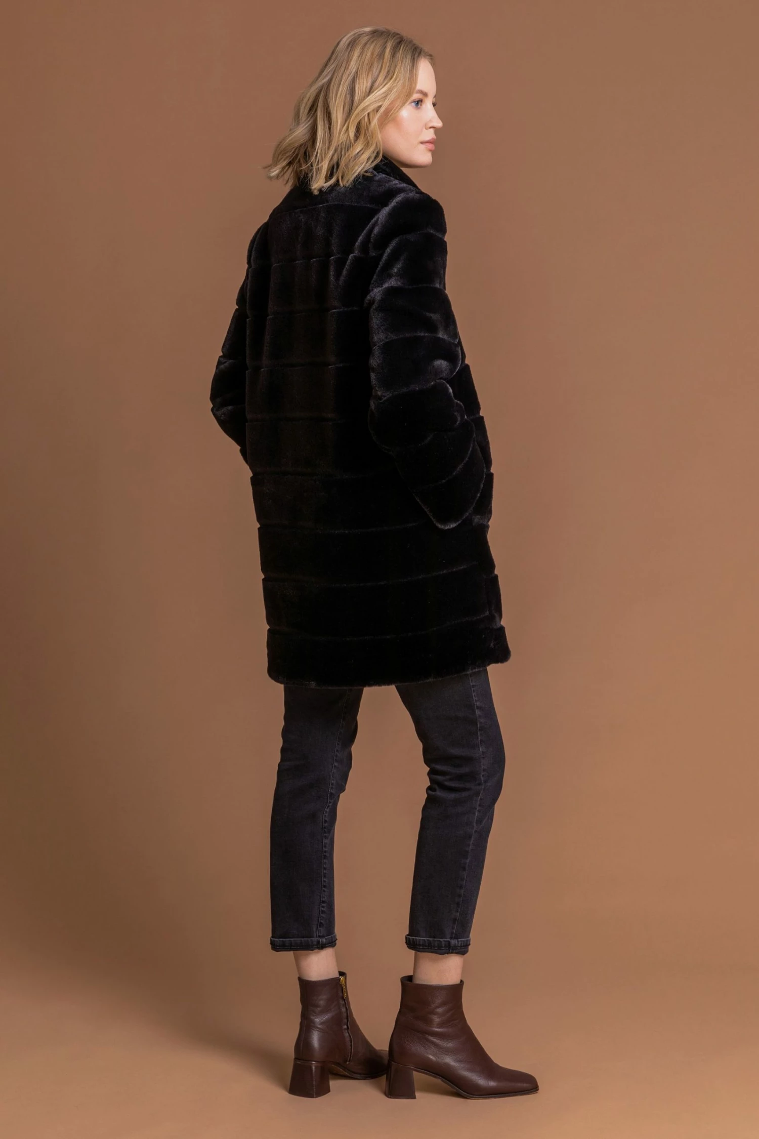 Roman Black Faux Fur Embossed High Neck Coat 3 Roman Black Faux Fur Embossed High Neck Coat - Image 2